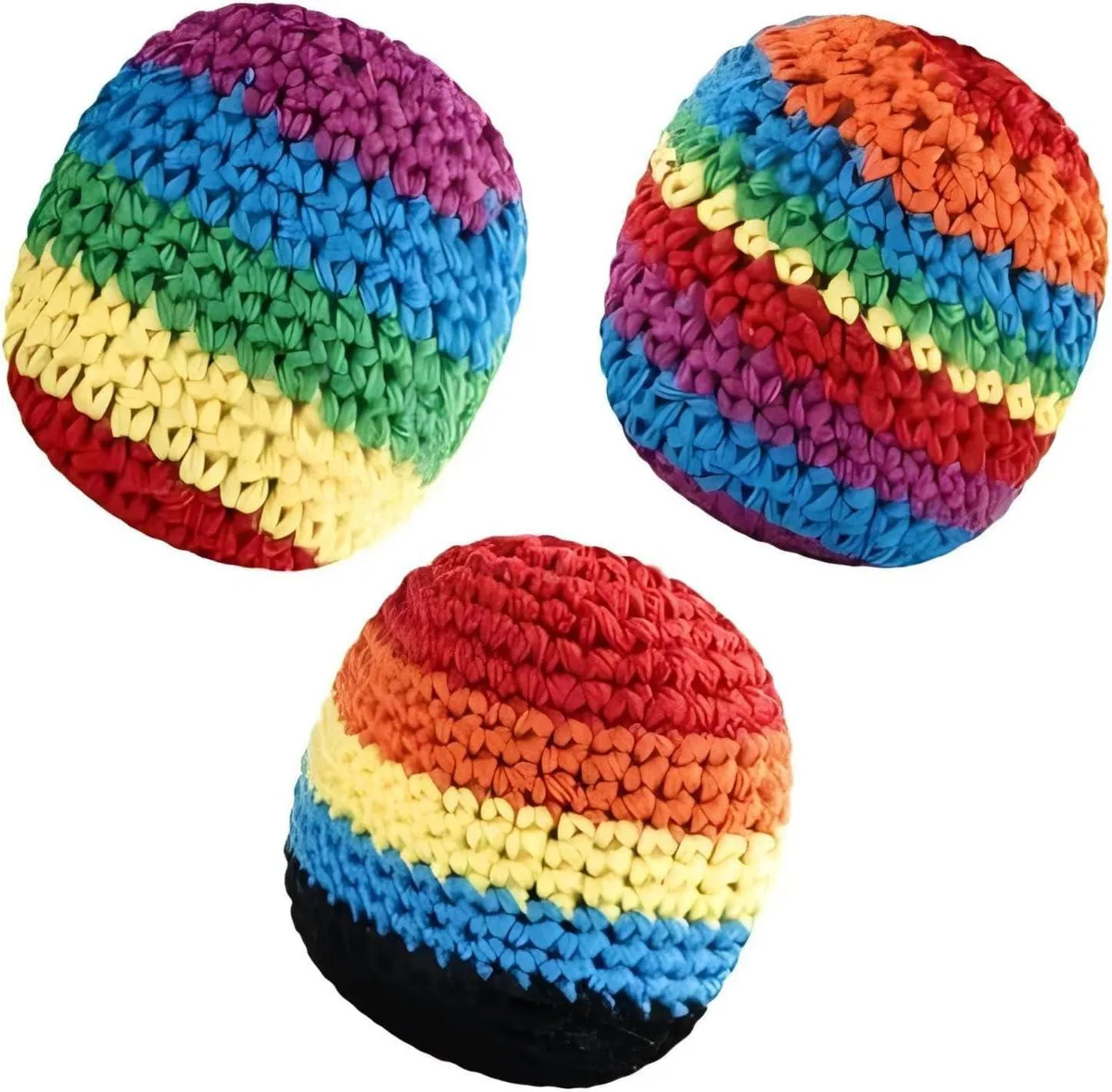 Three handmade crochet footbags in bright rainbow stripes, soft knit yarn finish
