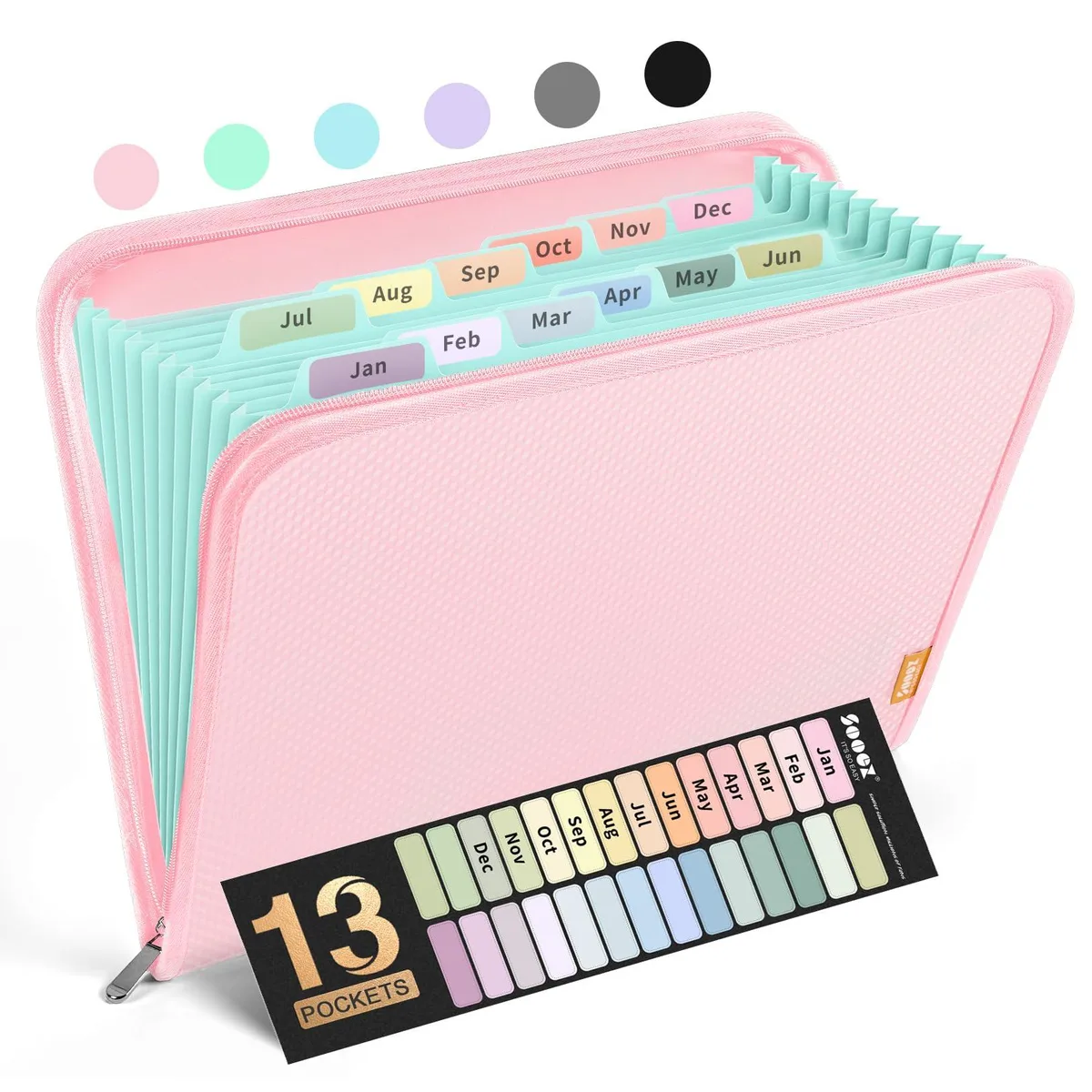 Pink 13-pocket accordion folder with zipper closure, reinforced plastic finish, A4 letter size