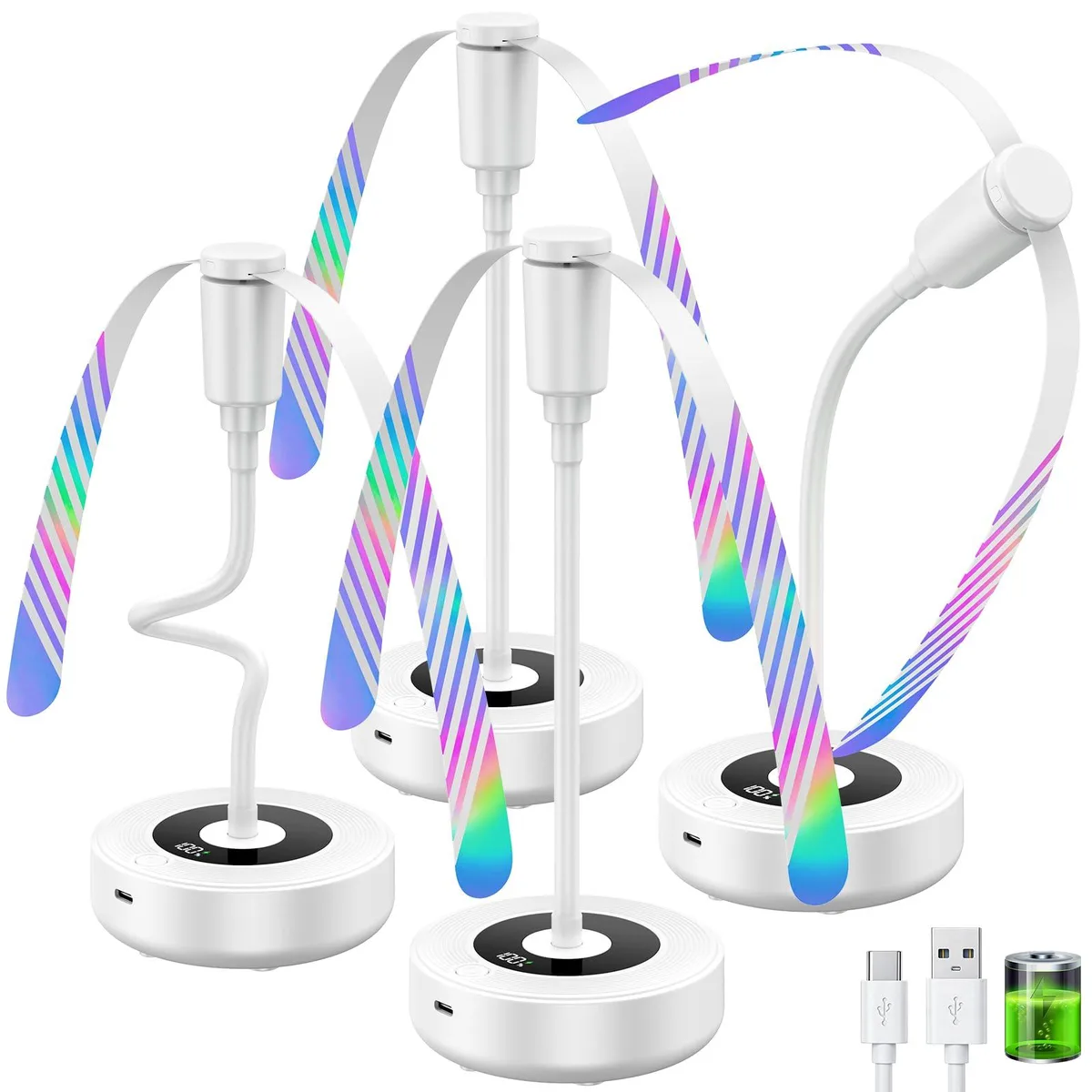 Four small white table fans with silver blades and LED displays, shown together
