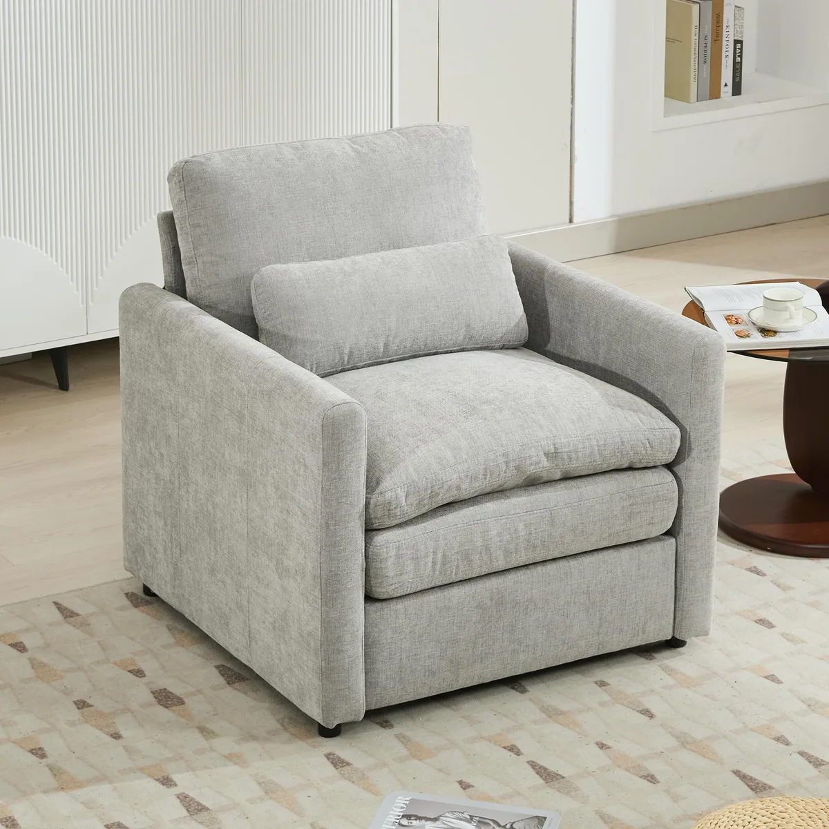 Light grey chenille armchair with double cushion and lumbar pillow