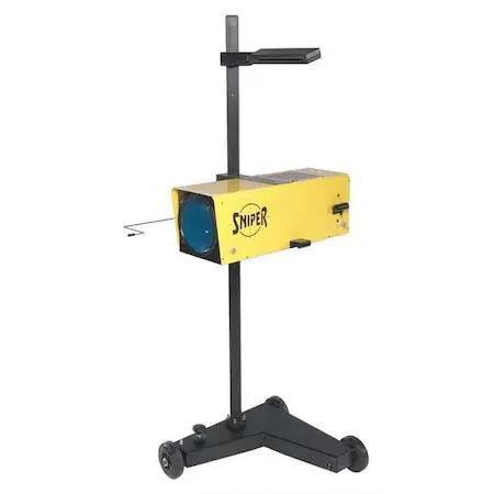 Yellow steel optical headlight aimer on wheels with laser alignment screen