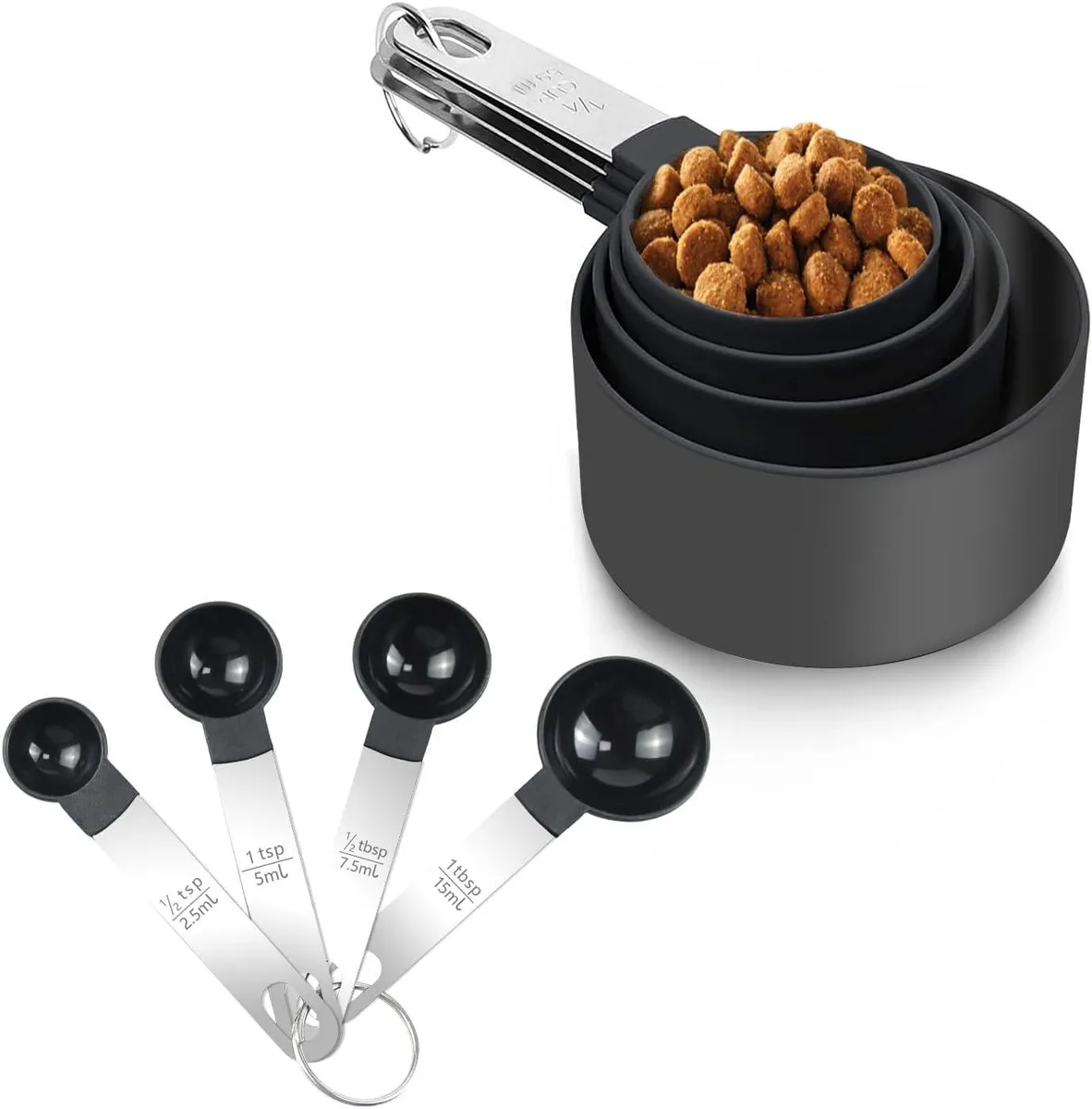 Eight-piece black plastic measuring set with stainless steel handles, stackable design
