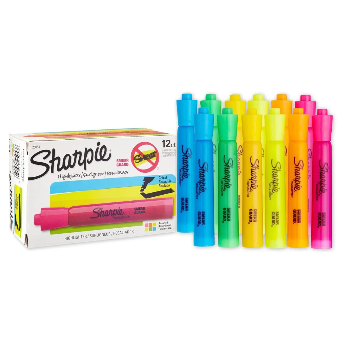 Twelve yellow cylindrical highlighters with wide barrels and chisel tips in a clear pack