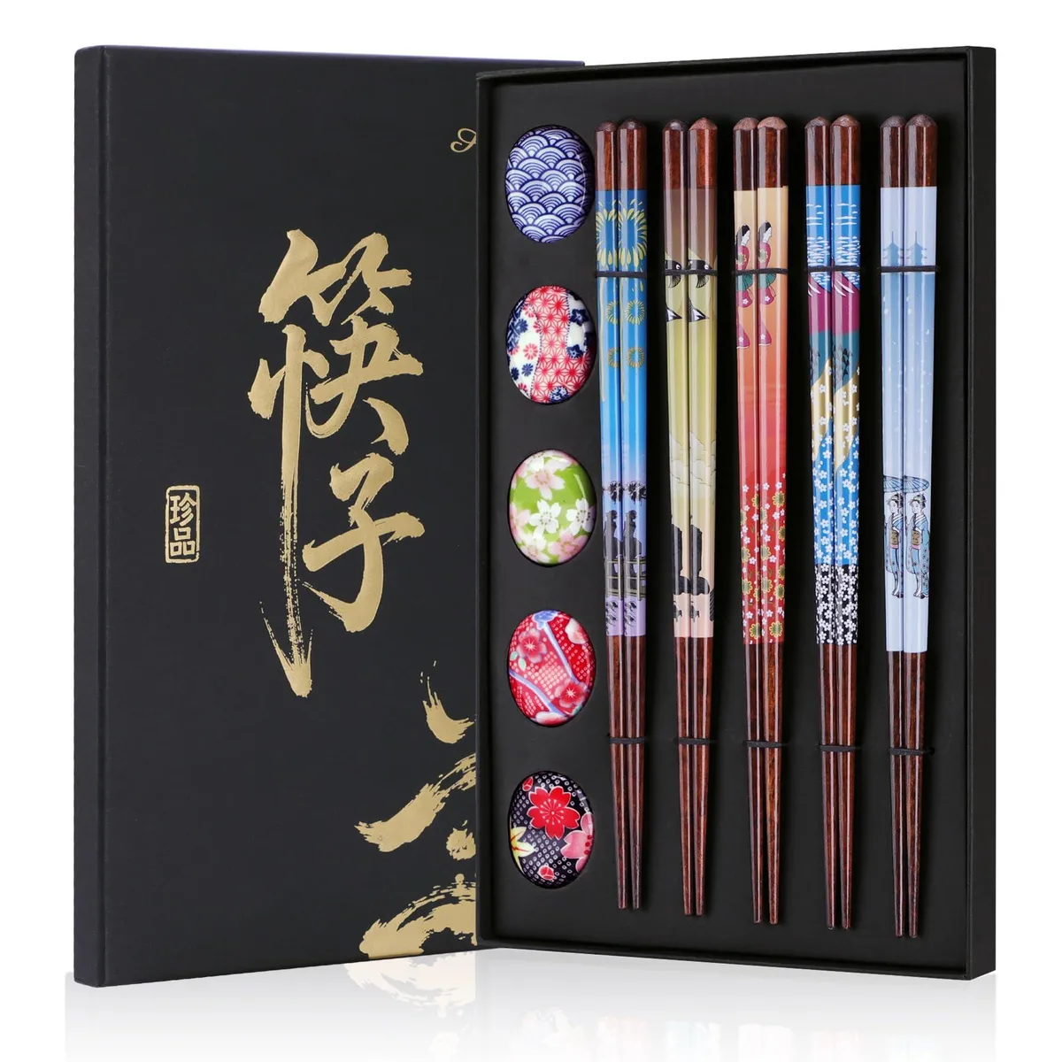 Black gift box containing five pairs of wooden chopsticks and five ceramic rests