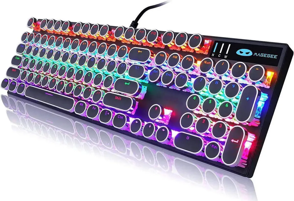JAENFONG JAENFONG Typewriter Style Mechanical Gaming Keyboard Black Retro Punk 104 Keys Blue Switch Wired Round Keycaps — product photo