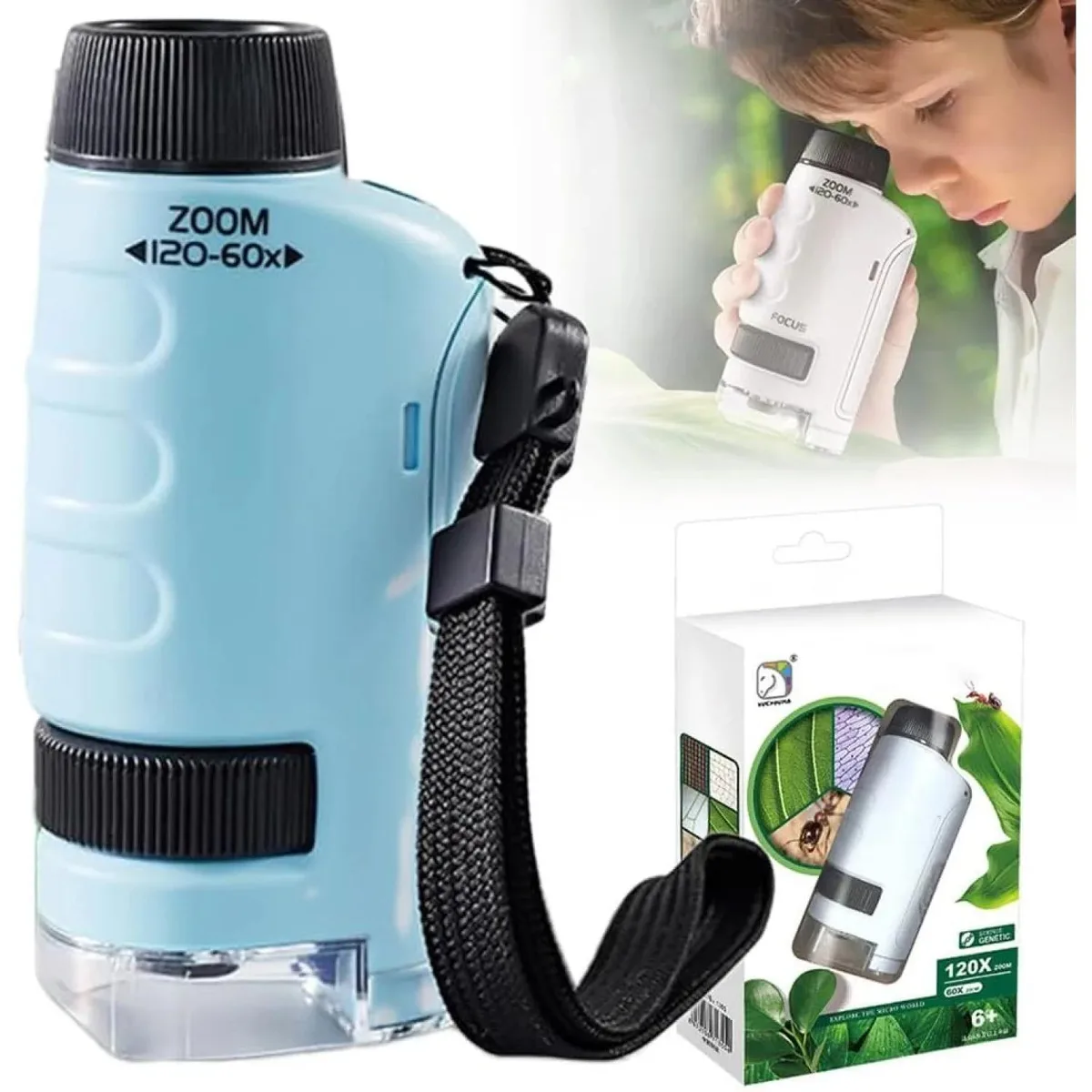 Green ABS handheld microscope with adjustable LED, 60x to 120x magnification, 10.5 by 5.3 cm