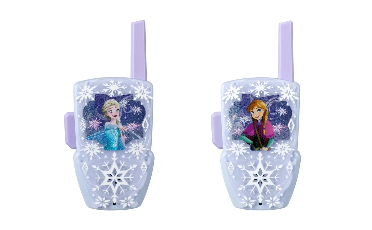 Pair of blue Disney Frozen walkie-talkies with character graphics, lightweight plastic build