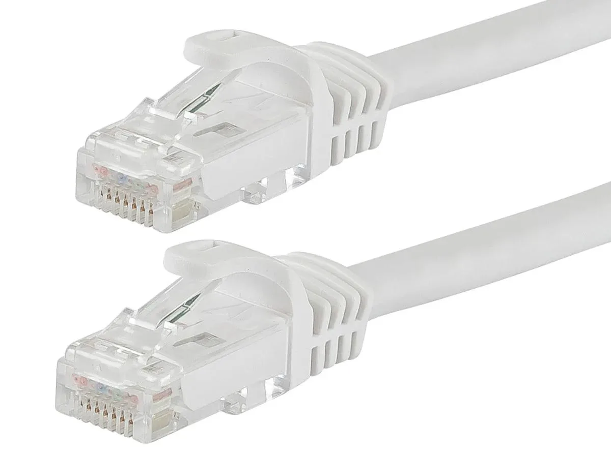 White Cat5e Ethernet patch cable fifty feet long with snagless RJ45 connectors