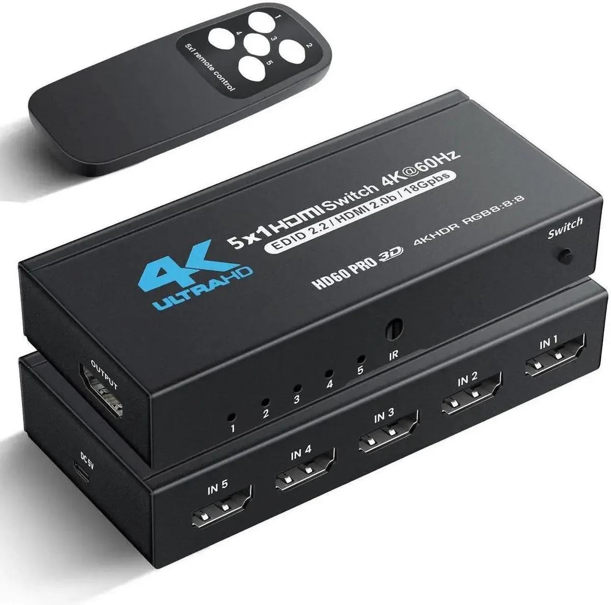 SMUGDESK SMUGDESK 5-Port HDMI 2.0 Switch 4K@60Hz IR Remote Type-C Power — product photo
