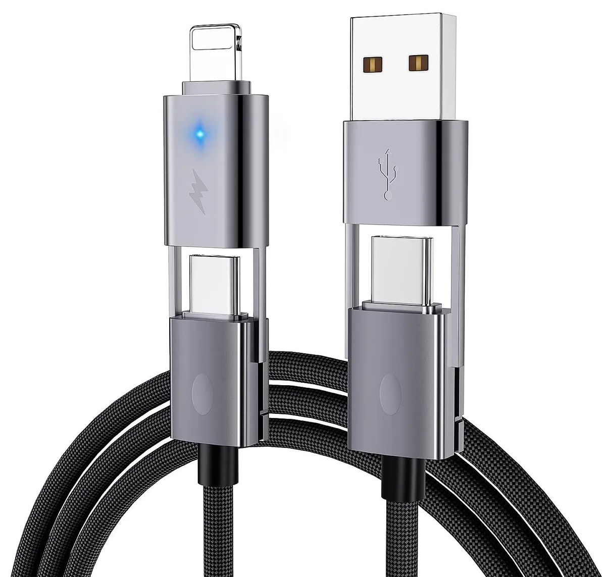 GE BOBO4IN1USBC 4-in-1 USB-C phone cable 25 ft 65W PD 2-pack — product photo
