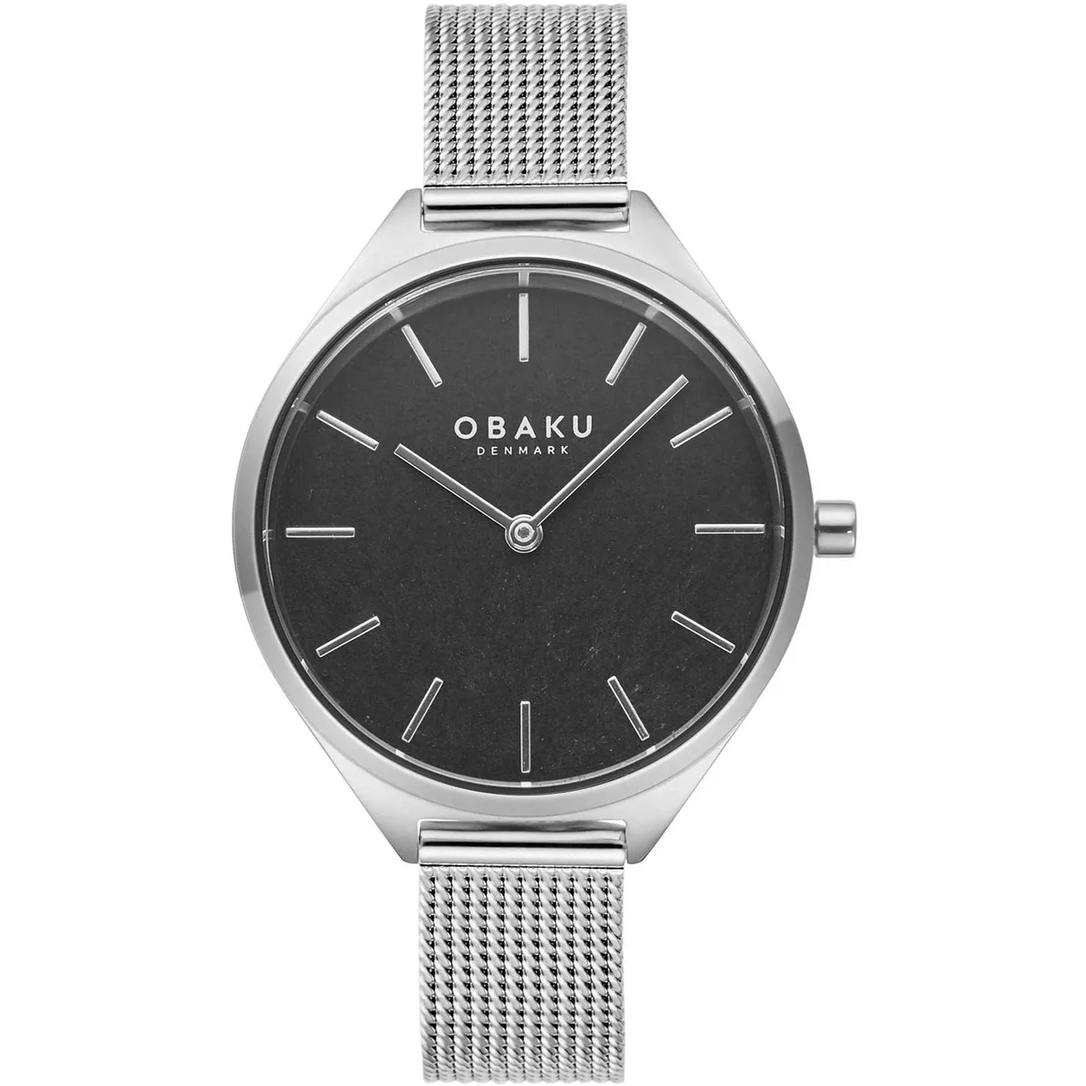 Obaku V257LHCNMC stainless steel watch with black dial and metal bracelet