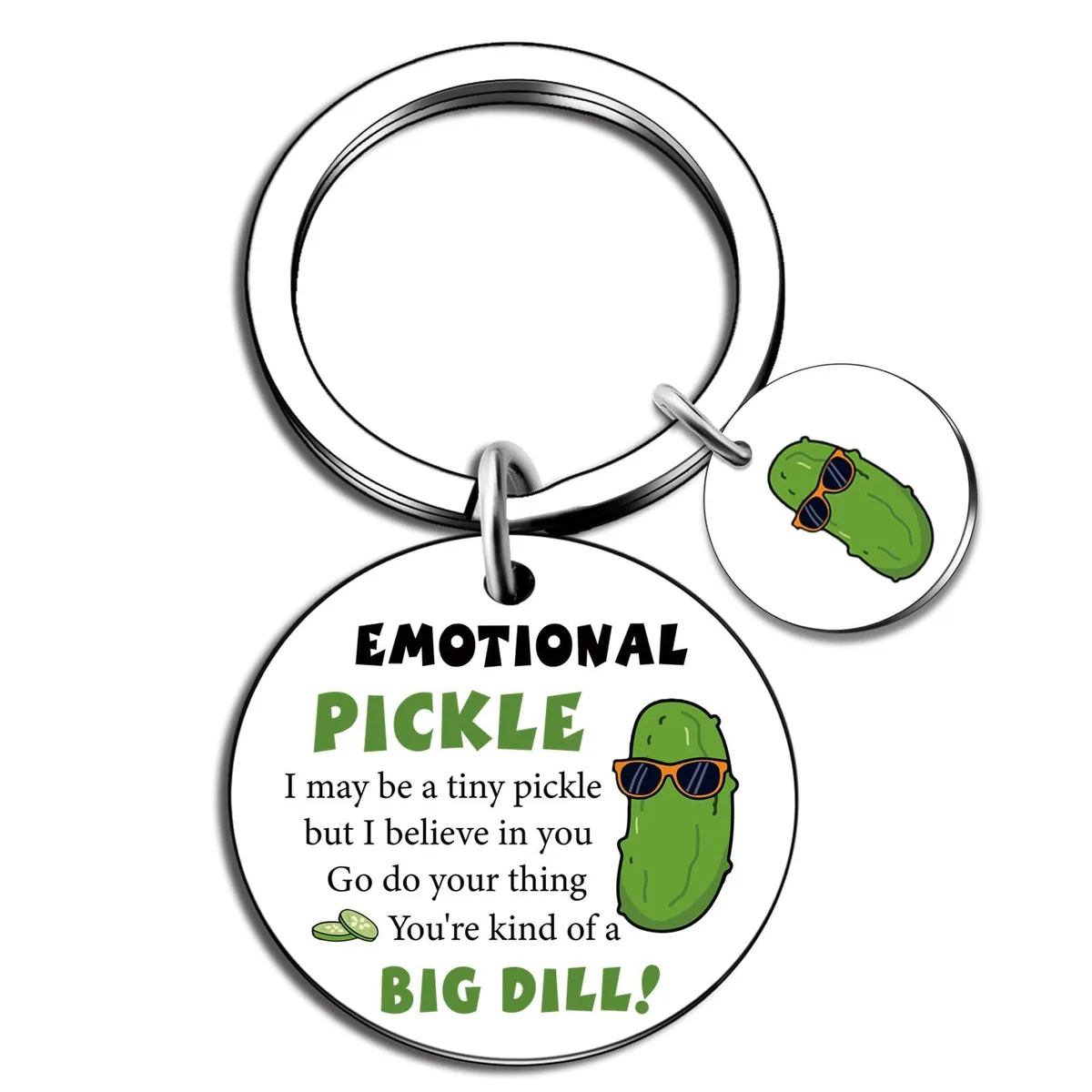 Silver stainless steel pickle-shaped keychain with engraved motivational text