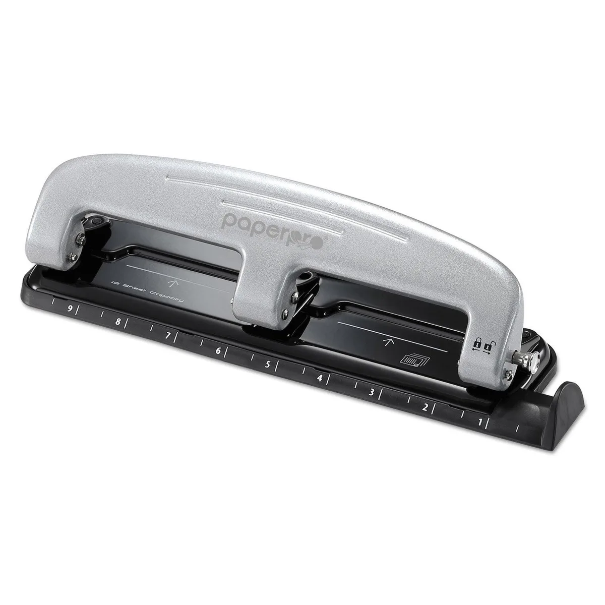  Bostitch Office inPRESS 12 Three-Hole Punch 2101 Silver/Black — product photo