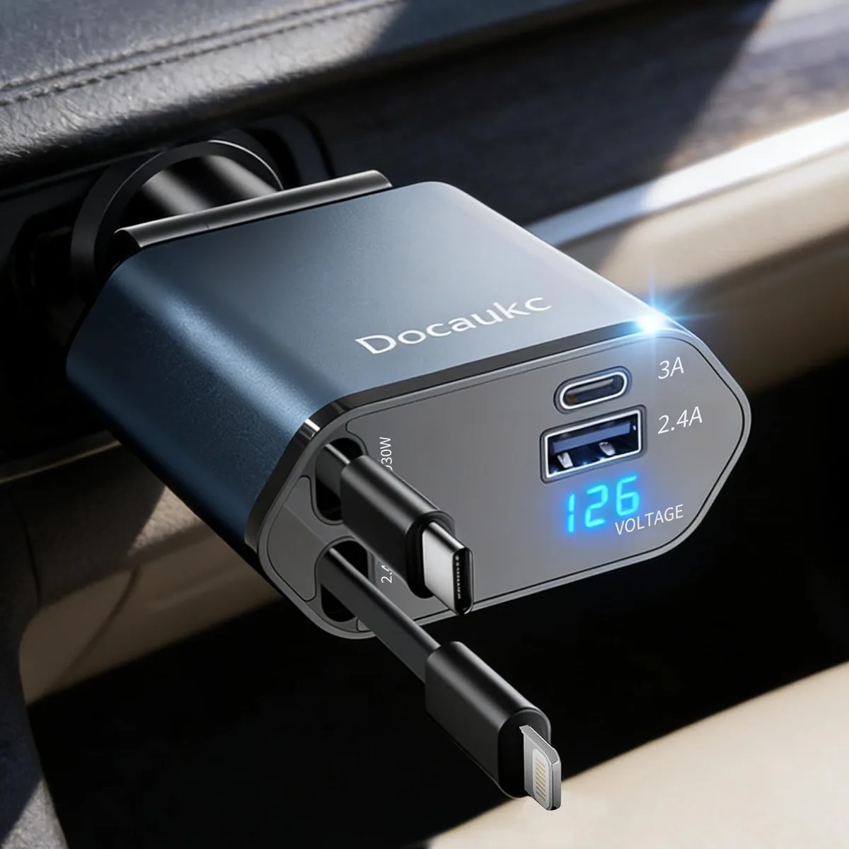 Docaukc 69W retractable car charger with 80cm cable and 180 degree rotating plug