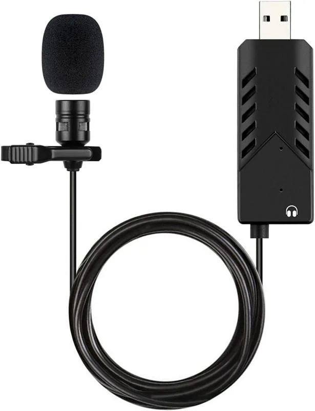 Black USB lavalier microphone with lapel clip and 2m cable