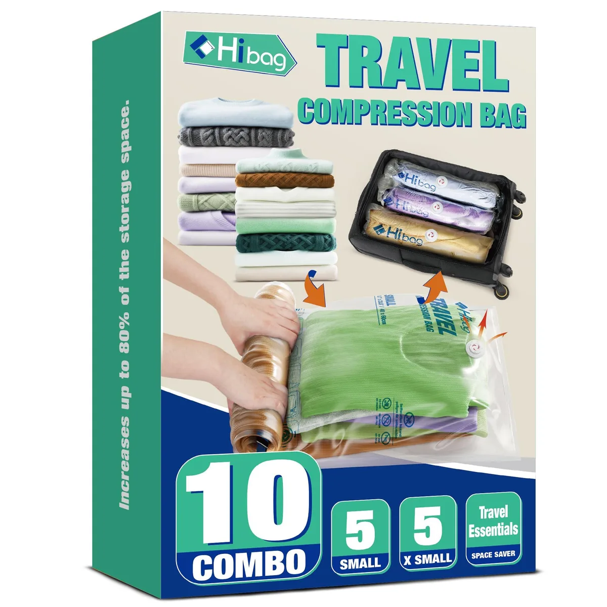 Ten clear rectangular compression bags with zipper seals and roll-up valves, smooth translucent finish, stacked flat
