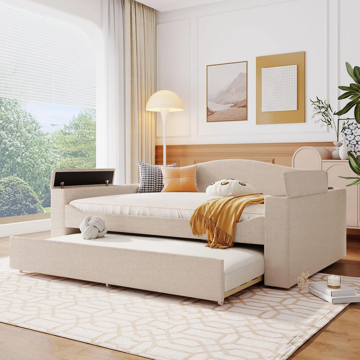 Beige teddy fleece daybed with storage armrests and pull-out trundle