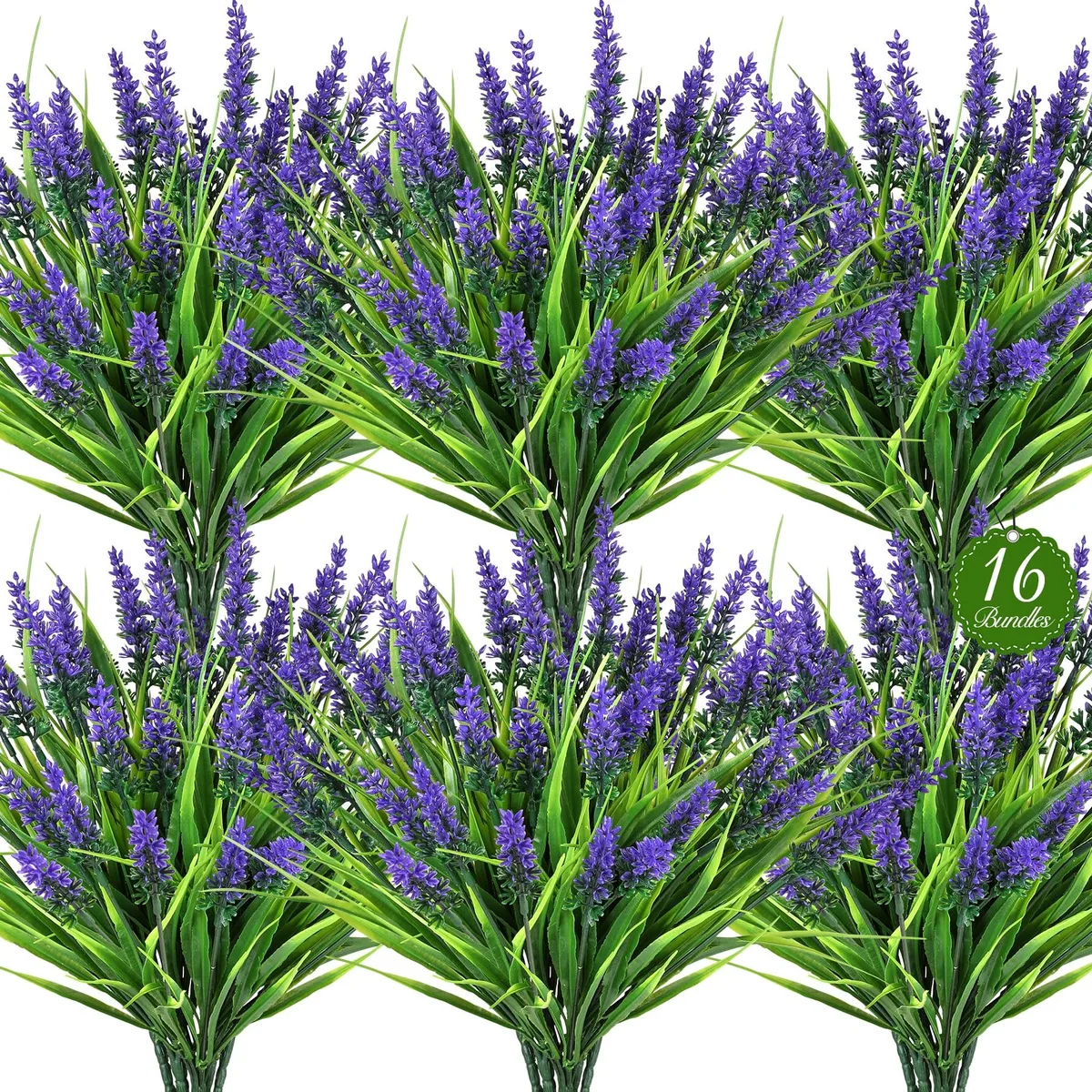 Sixteen bundles of purple plastic lavender in a planter