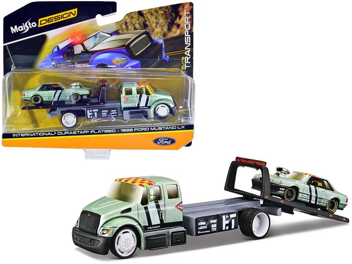 Maisto Maisto International DuraStar Flatbed Truck &amp; 1988 Ford Mustang LX Light Green Metallic 1/64 Diecast Set #17 — product photo