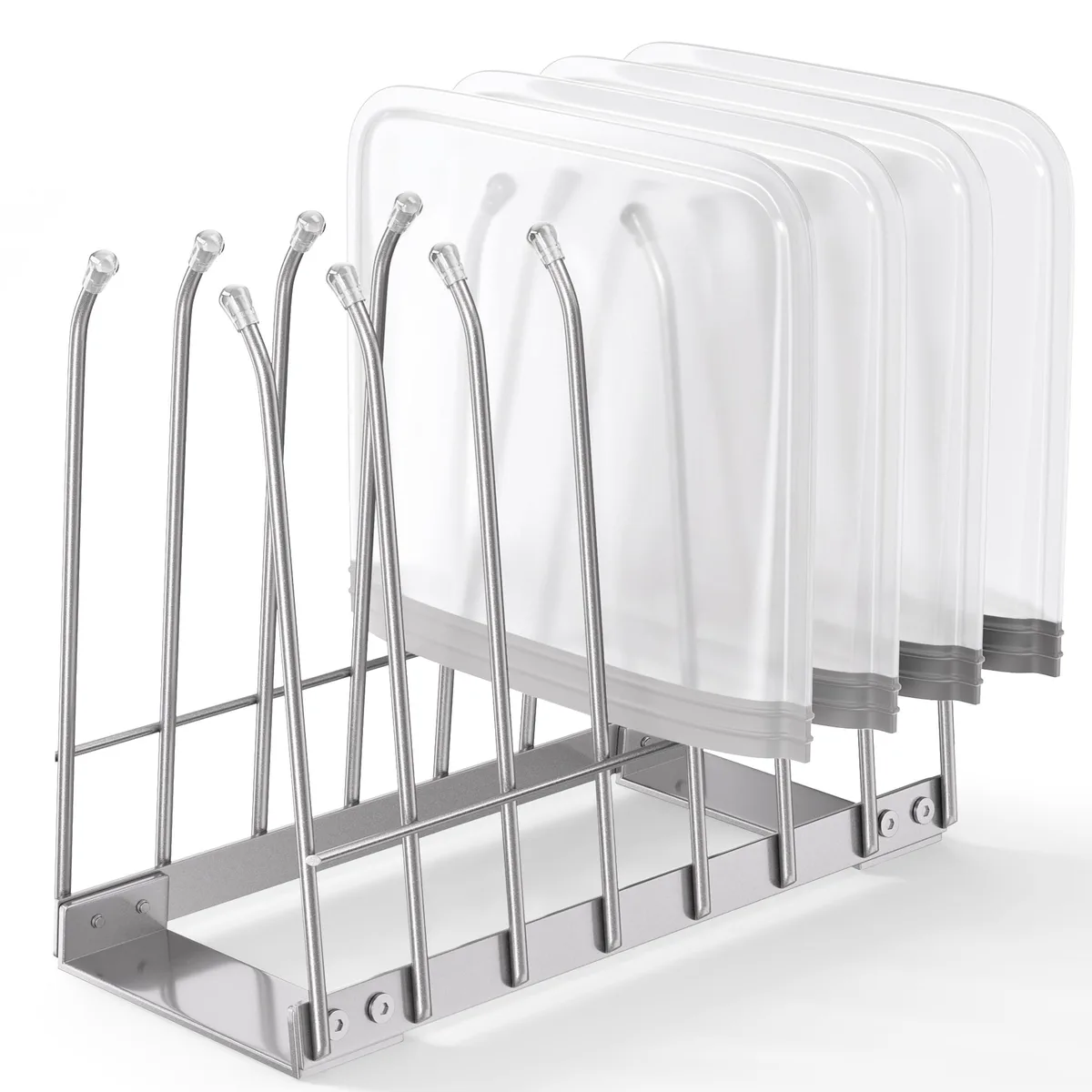 Red two-tier bag drying rack with multiple arms on countertop base
