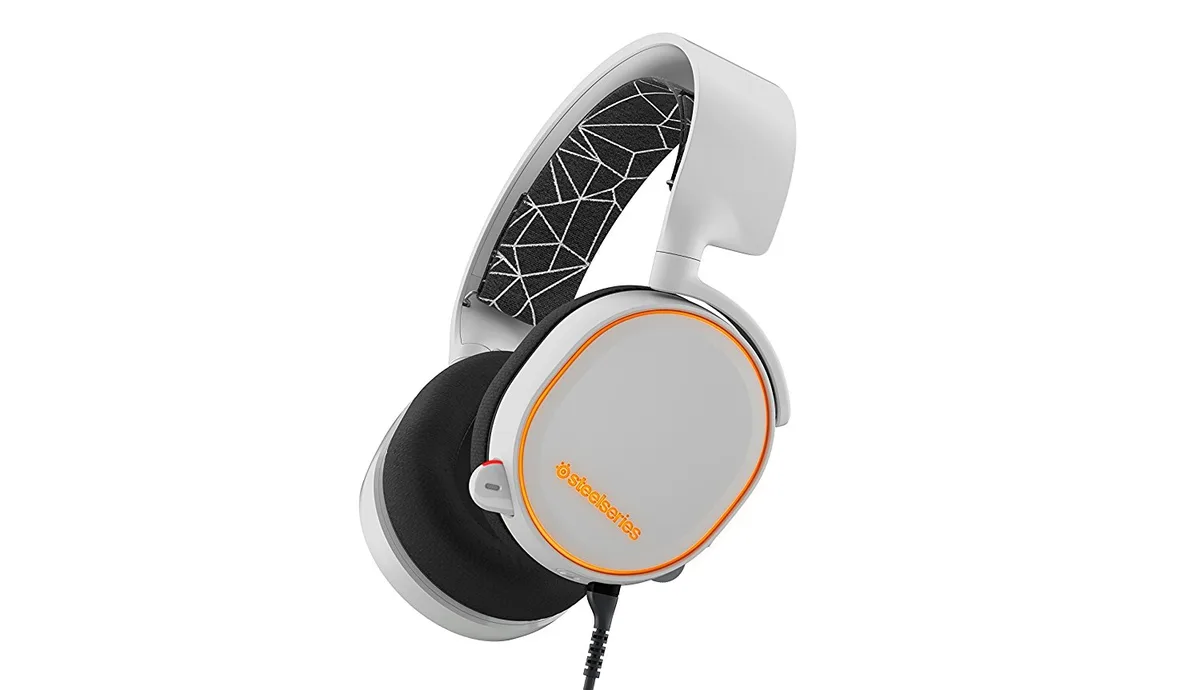 White over-ear gaming headset with RGB lighting and USB control dial