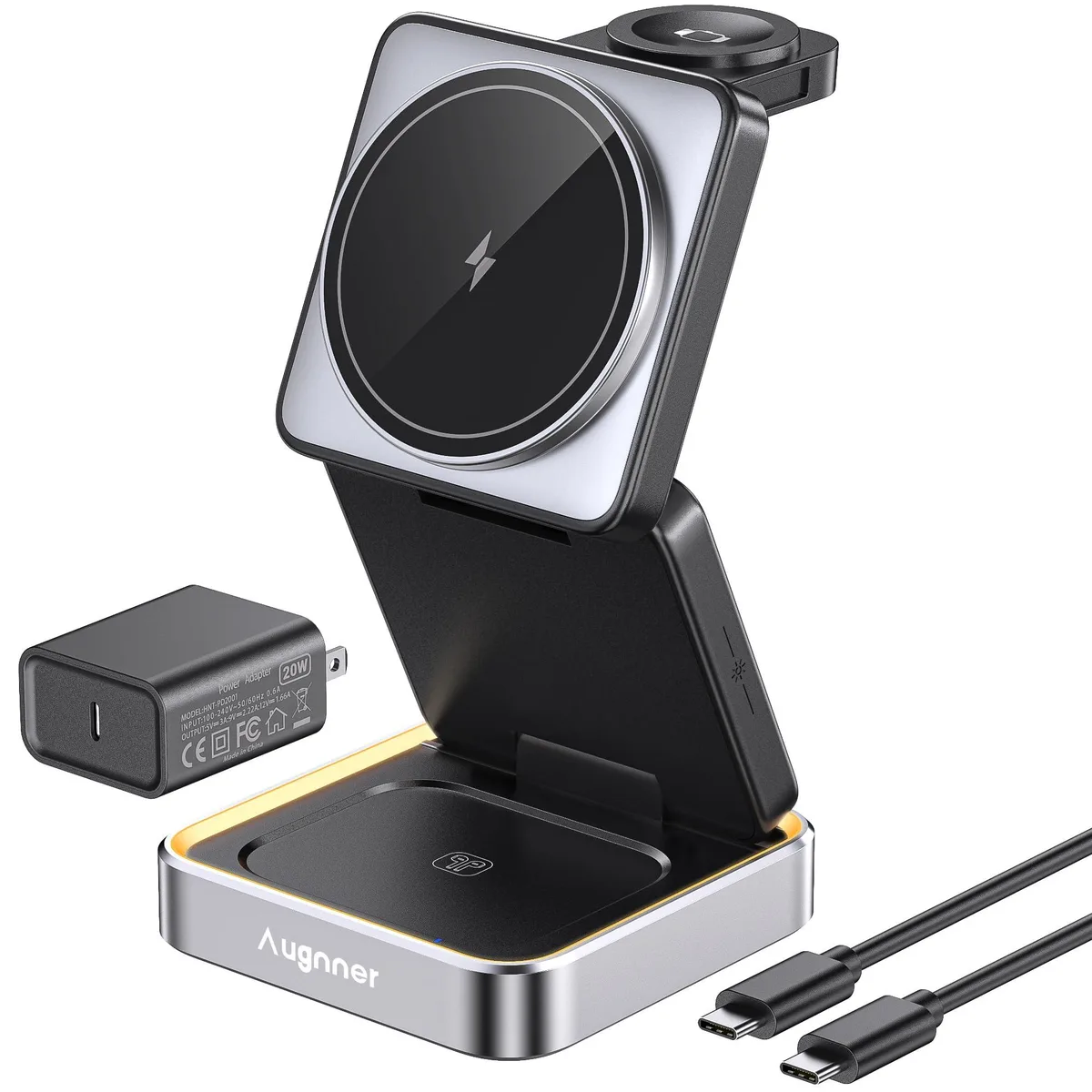 Foldable magnetic charging station in aluminium alloy with night light
