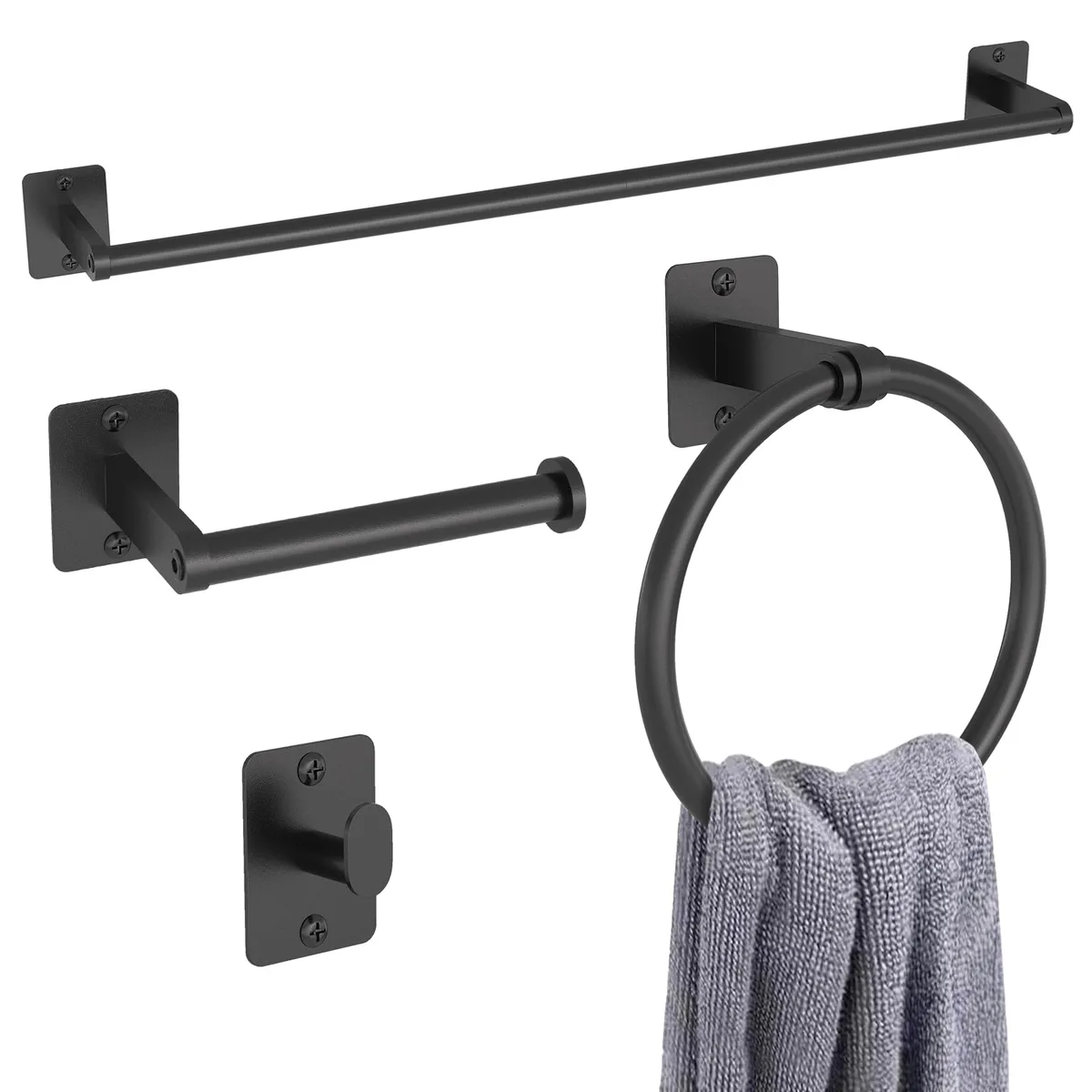 Black matte four-piece bathroom set with 24 inch towel bar, ring, paper holder and hook