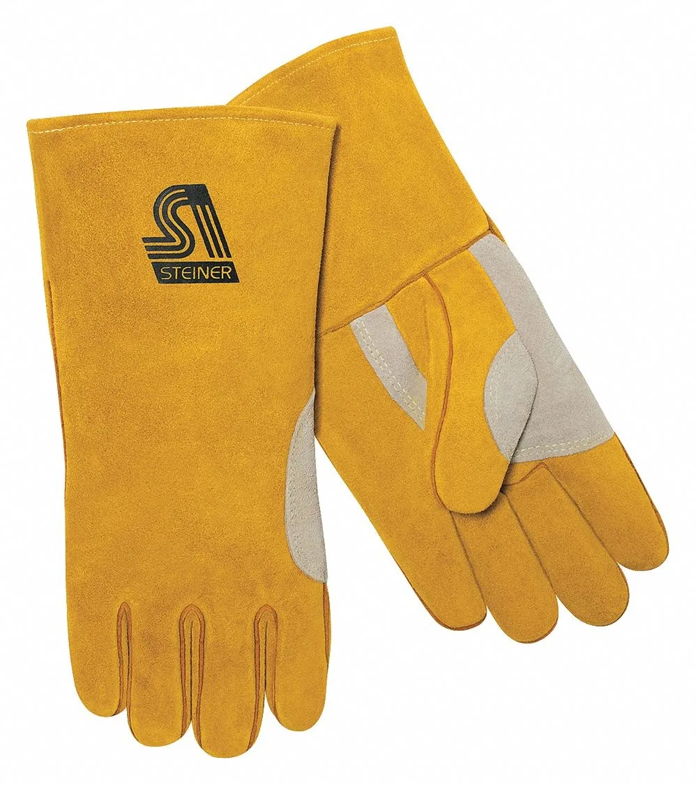 Yellow cowhide welding gloves, 14 in gauntlet cuff, keystone thumb, one pair
