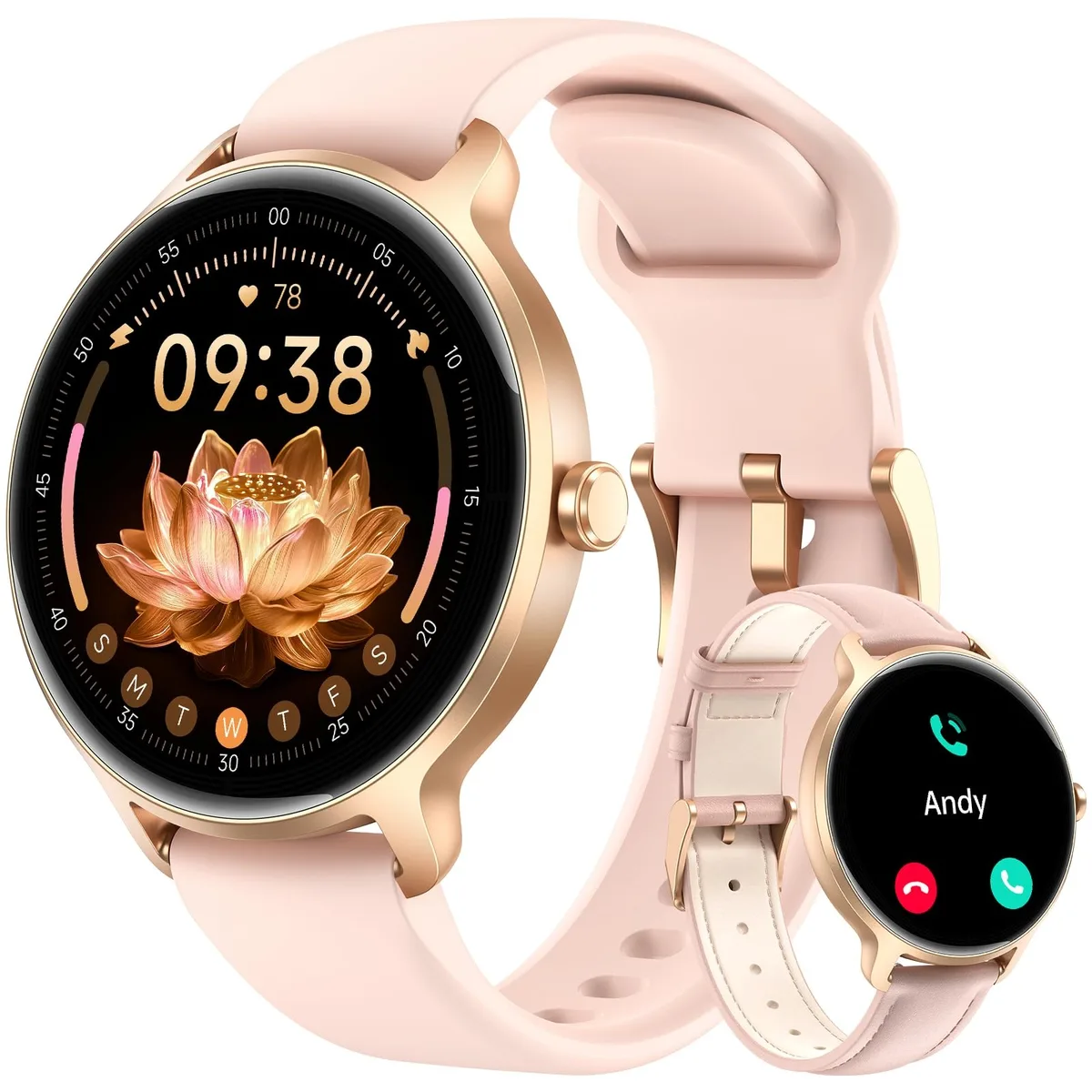 Rose gold aluminium smartwatch with pink silicone band and 1.27 inch AMOLED screen