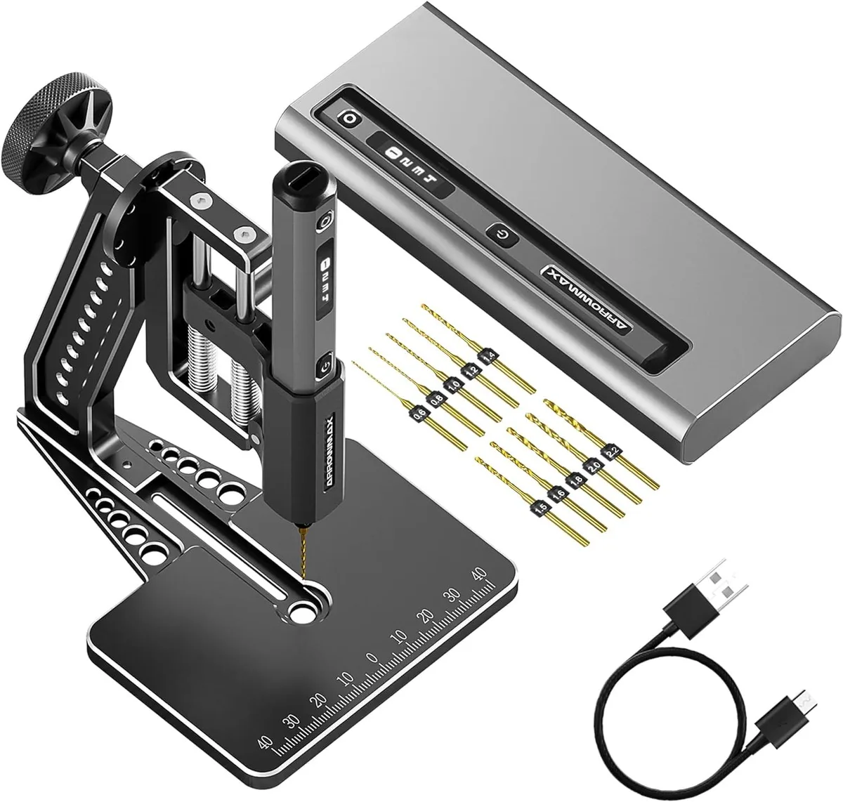 Silver pen-style mini drill with OLED screen, four LEDs, keyless chuck, aluminium hedgehog press base