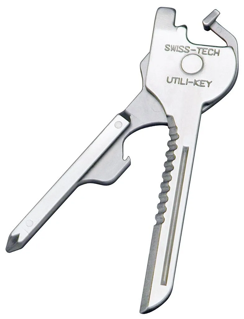 Silver keyring multi-tool with folding blade and screwdrivers