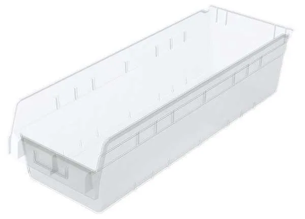 Clear plastic shelf storage bin, rectangular, open top with front label holder