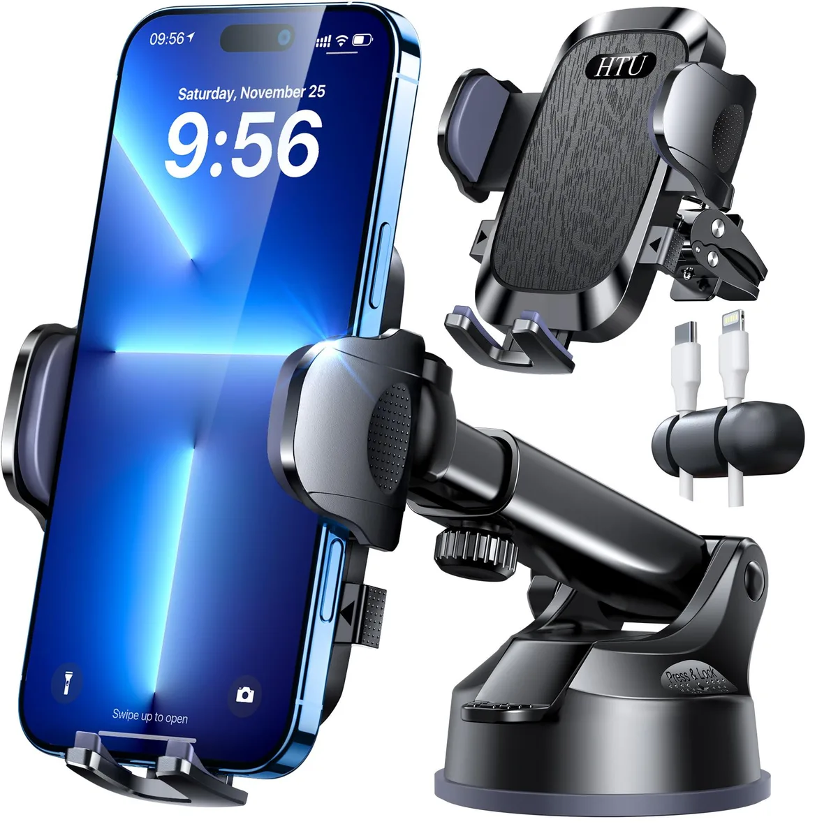 HTU Version 2.0 Enhanced Car Phone Holder Suction Car Mount Pro Black — product photo