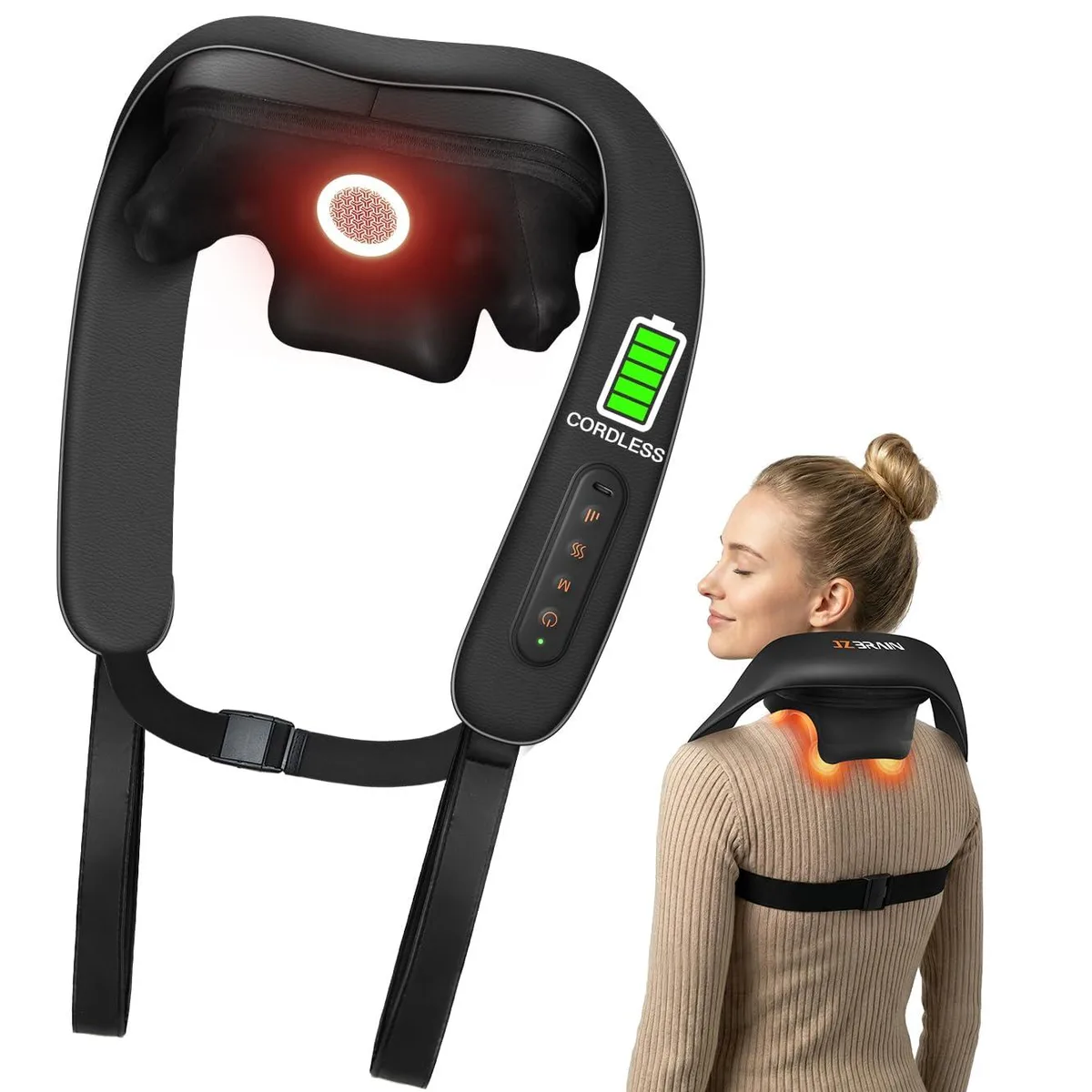 Blue cordless neck massager, wrap-around U-shape, faux leather finish