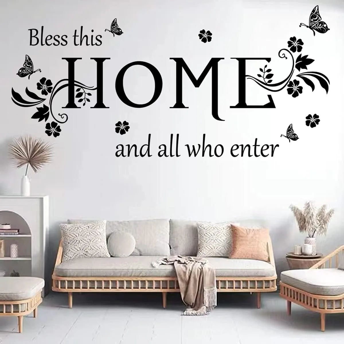 Black vinyl wall decal with Bless This Home quote, flowers and butterflies, 35.5 by 11.8 inches