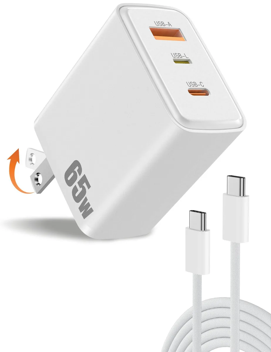 White compact three-port USB-C charger with foldable plug