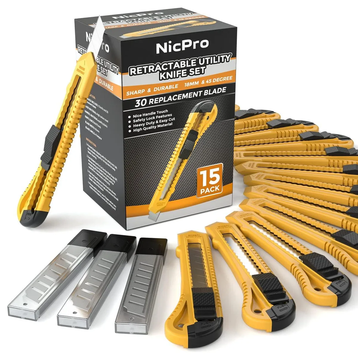 Fifteen retractable utility knives with 30 spare blades in a plastic case