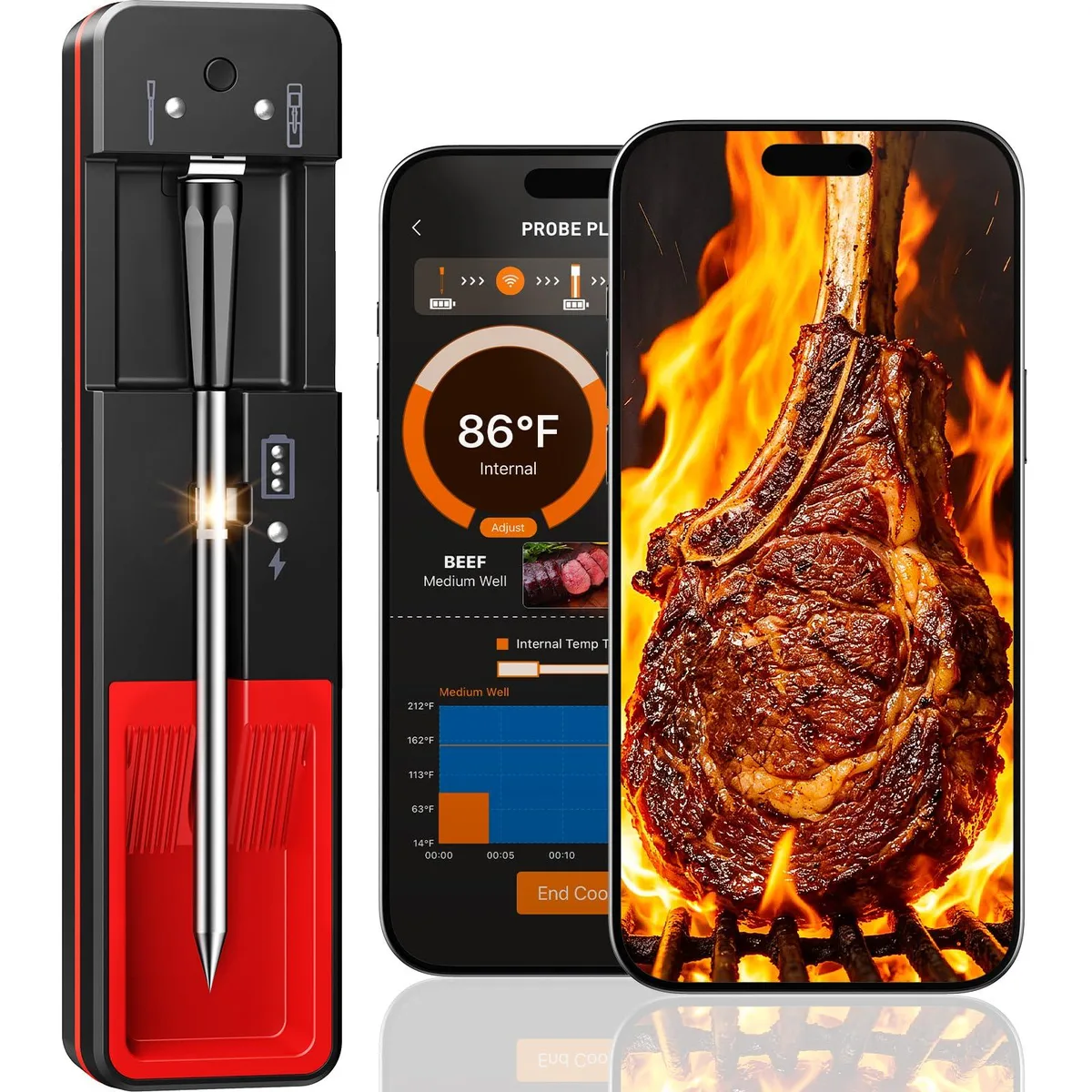 Black wireless meat thermometer probe with charging base