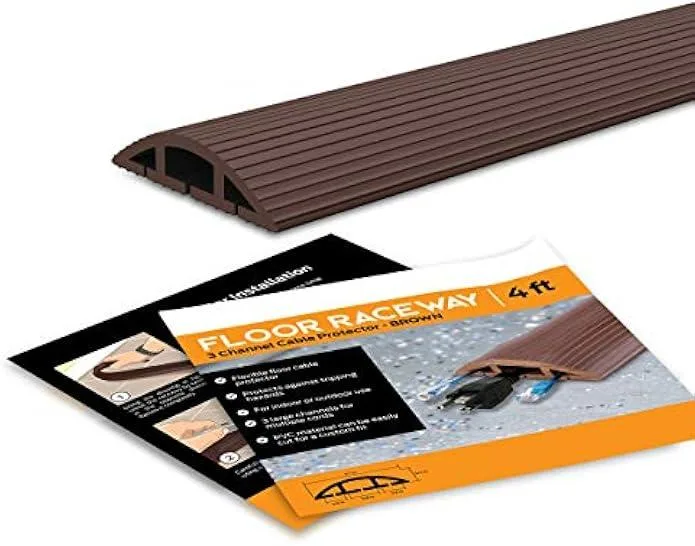 Brown flexible PVC cable raceway with three channels lying flat on floor