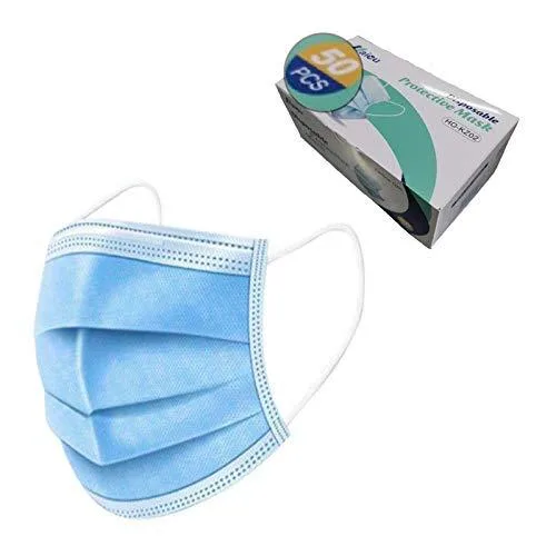 Box of 50 blue disposable 3-ply face masks with ear loops
