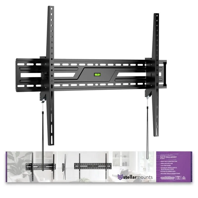 Flat black steel TV wall bracket with tilt hinge visible