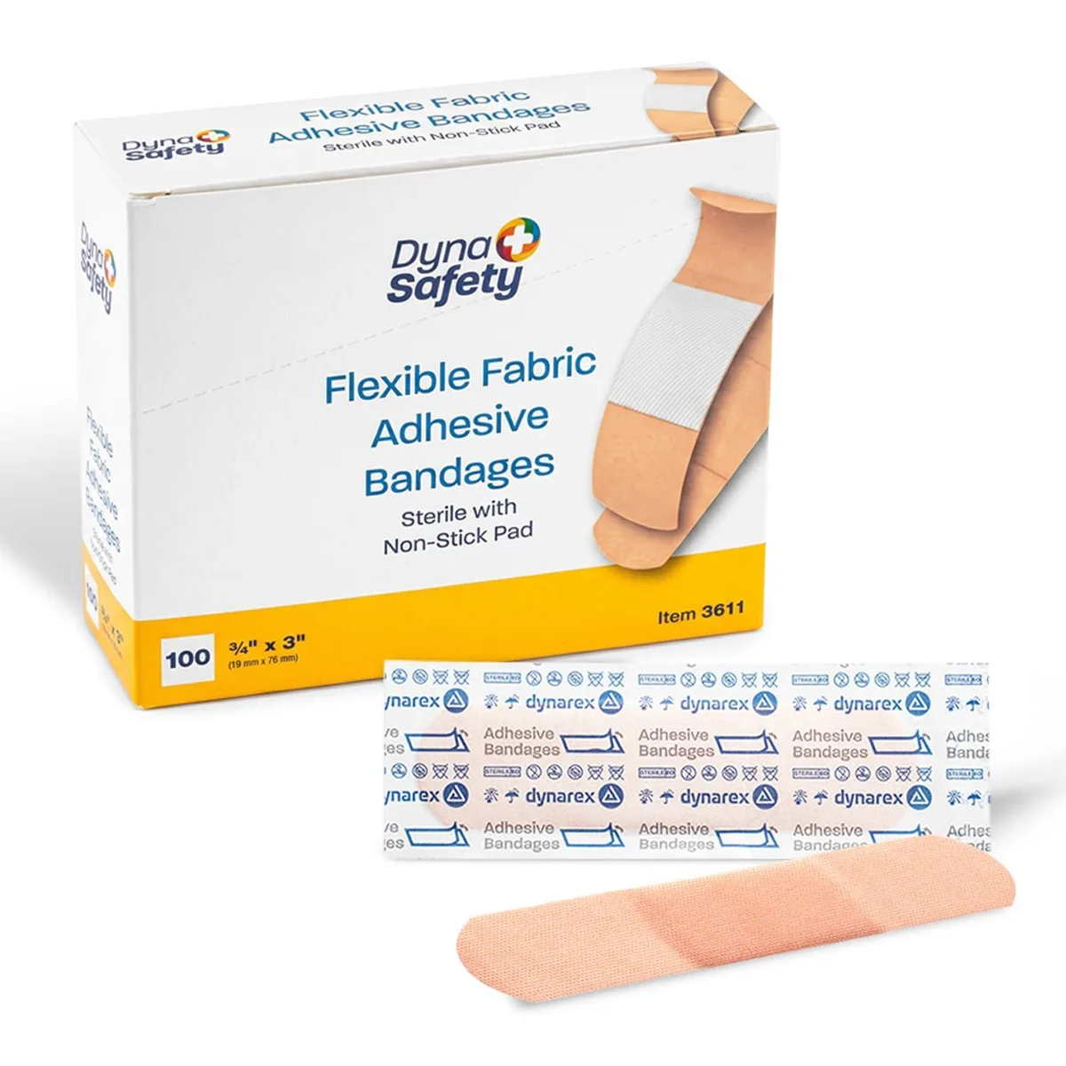 Cardboard box containing one hundred sterile fabric adhesive bandages individually wrapped