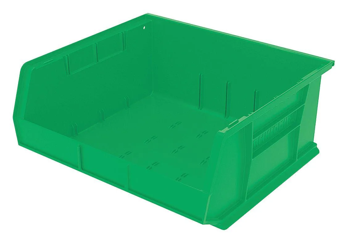 Green plastic hang-and-stack storage bin with moulded label slots and divider channels
