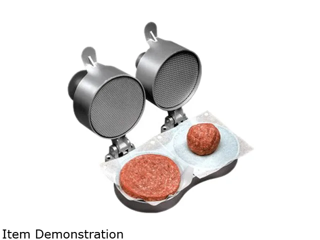 Silver aluminium double burger press with non-stick trays and spring plunger