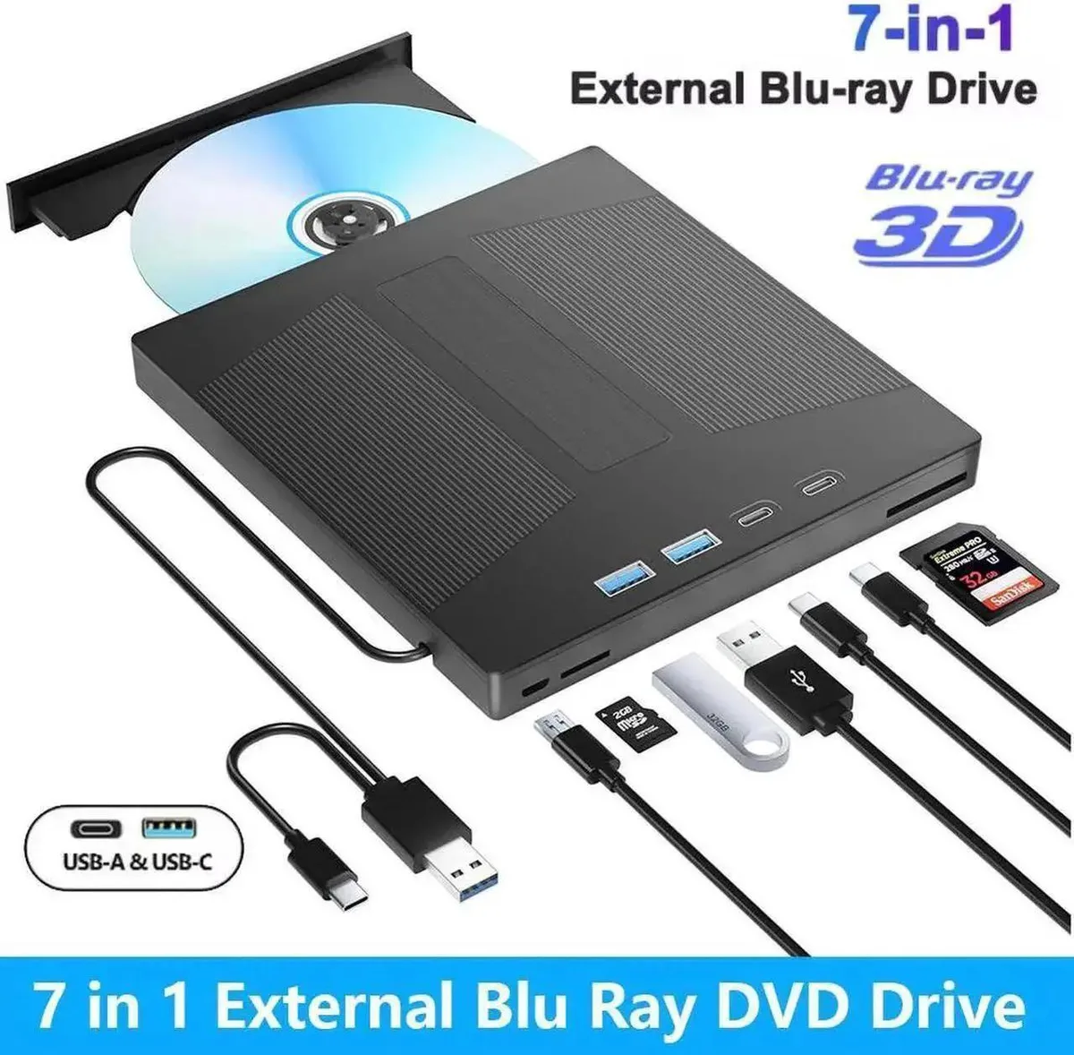 Vszerda Vszerda 7-in-1 External Blu-ray Drive USB 3.0 Type-C 100G DVD accessory — product photo
