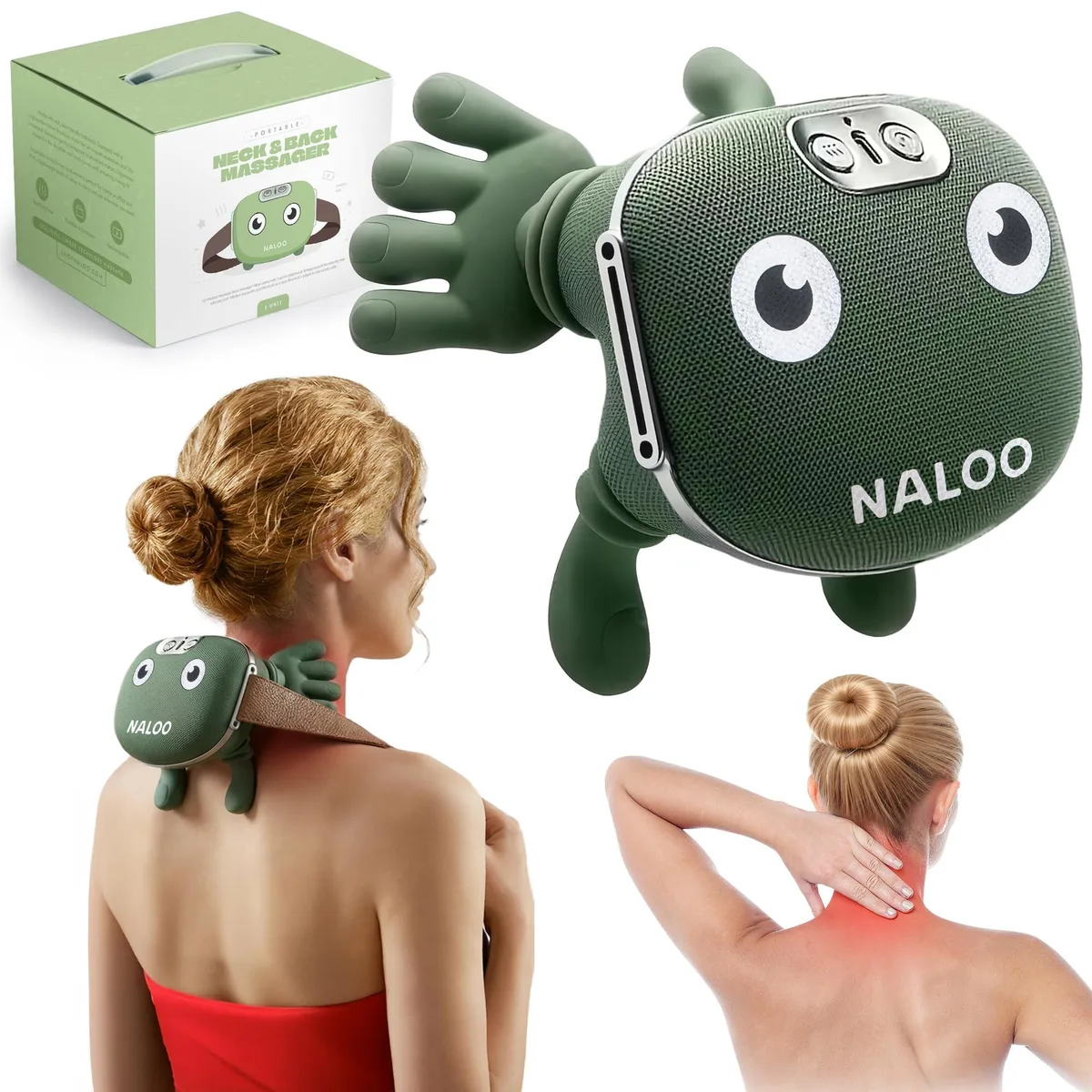 Blue U-shaped wearable neck massager with fabric wrap and adjustable straps