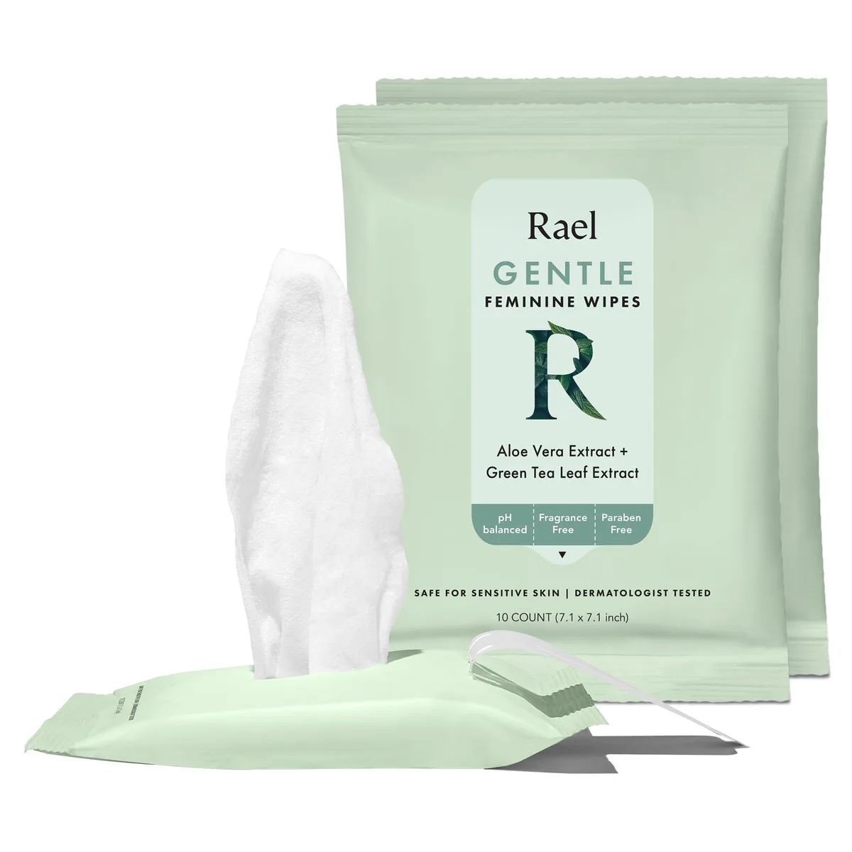 White rectangular pouch labelled Rael feminine wipes 30 count