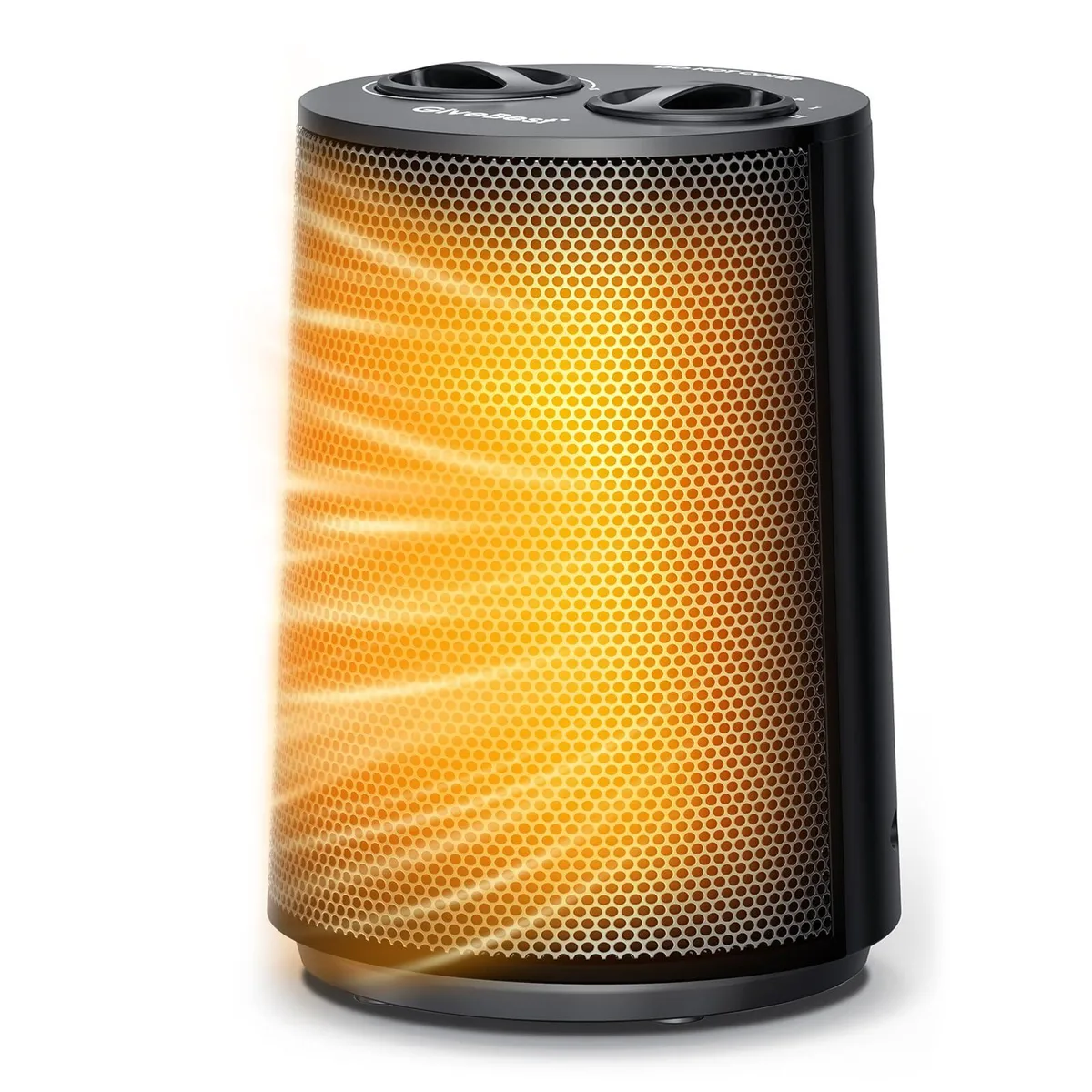 Compact black ceramic heater with carry handle, 6.4 by 6.4 by 8.9 inches