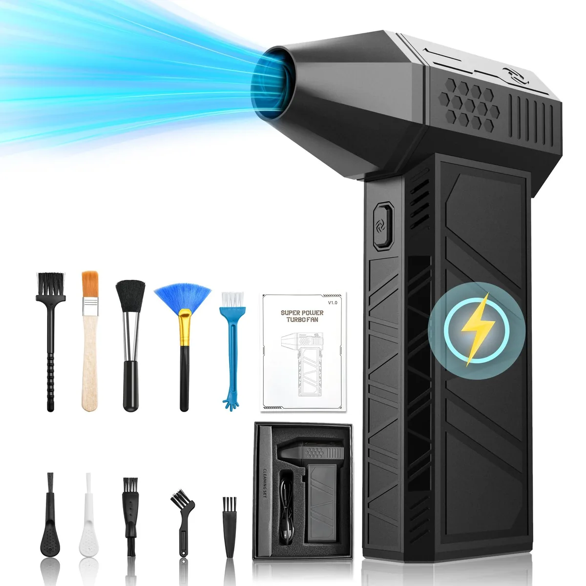Black plastic cordless blower with trigger and four LED indicators