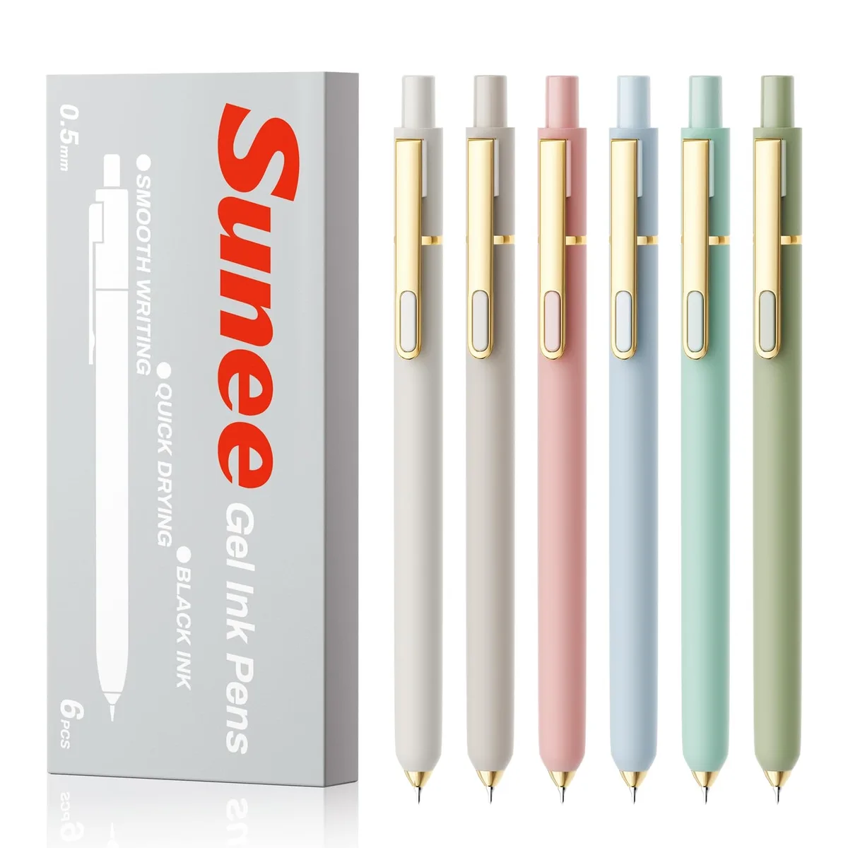 Six retractable gel pens in soft Morandi colours, plastic barrels with metal clips